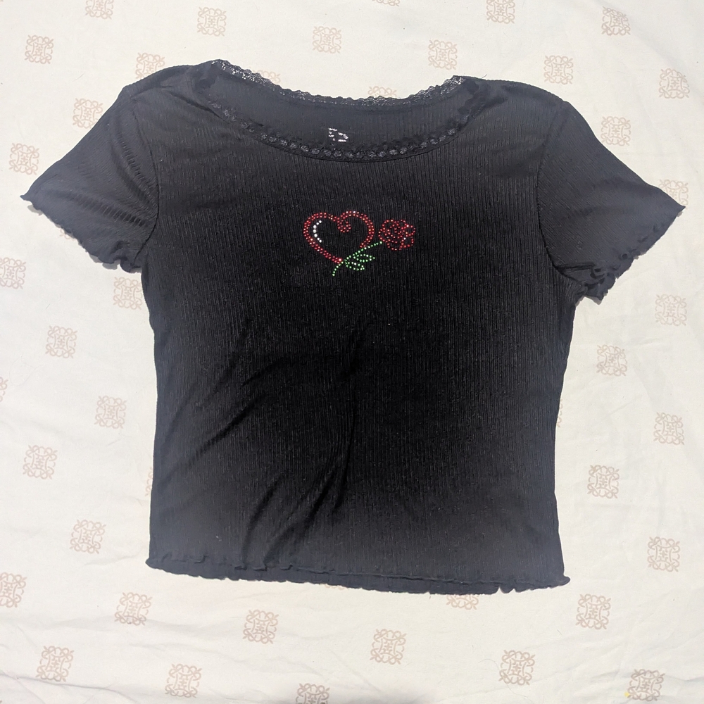 Black Crop Top with Heart Embroidery